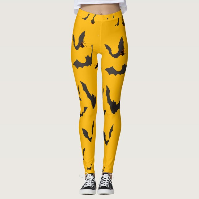 Fladdermus Girl Leggings (Need a Halloween Costume Black Bats, Orange Background, with Matching Tank Top!)