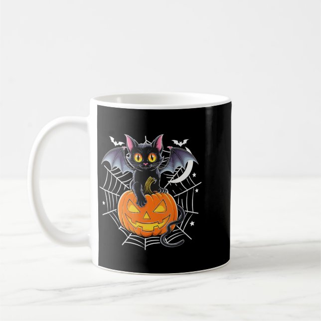 Fladdermus Halloween _ Svart Katt Fladdermusvingar Kaffemugg (Vänster)
