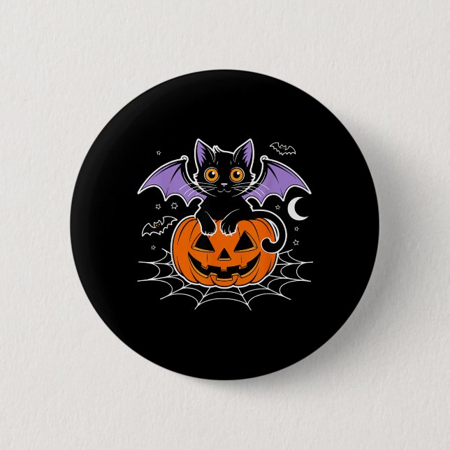 Fladdermus Halloween _ Svart Katt Fladdermusvingar Knapp (Framsida)
