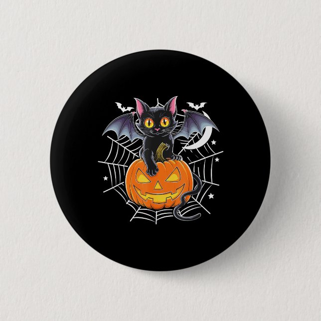 Fladdermus Halloween _ Svart Katt Fladdermusvingar Knapp (Framsida)