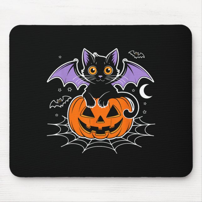 Fladdermus Halloween _ Svart Katt Fladdermusvingar Musmatta (Framsidan)