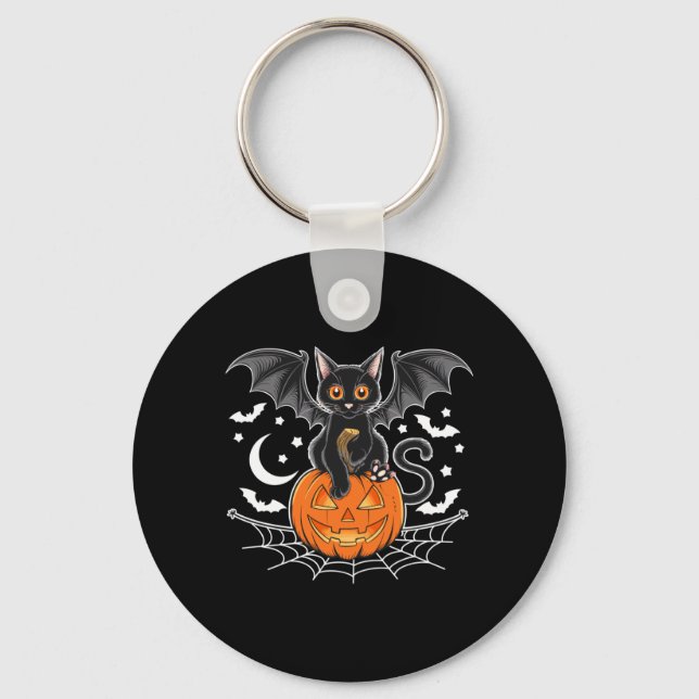 Fladdermus Halloween _ Svart Katt Fladdermusvingar Nyckelring (Framsida)