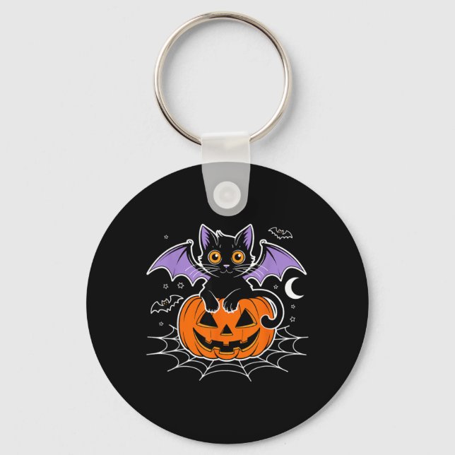 Fladdermus Halloween _ Svart Katt Fladdermusvingar Nyckelring (Framsida)