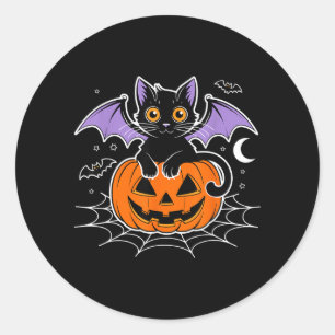 Fladdermus Halloween _ Svart Katt Fladdermusvingar Runt Klistermärke