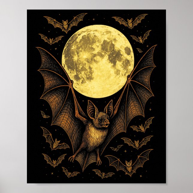 Fladdermus Måne Halloween Gothic Spooky Nature Nat Poster (Framsidan)