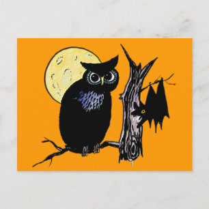 Fladdermus Måne och Uggla på Halloween Vykort