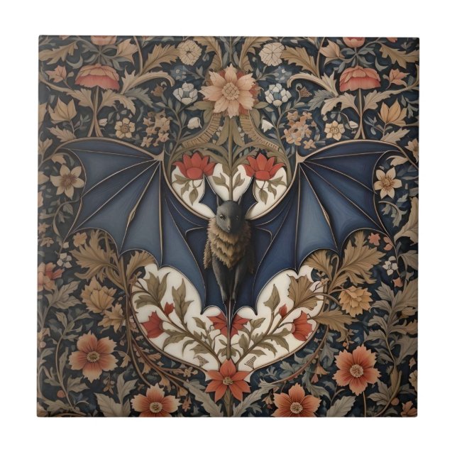 Fladdermus - Modern William Morris-Blommigten Kakelplatta (Framsidan)