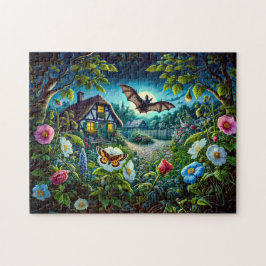 Fladdermus som flyger i Garden på natten Pussel