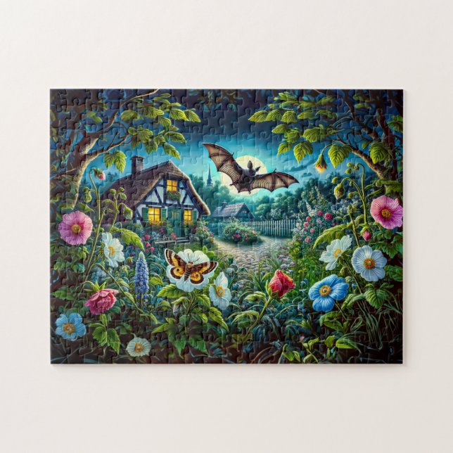 Fladdermus som flyger i Garden på natten Pussel (Horisontell)