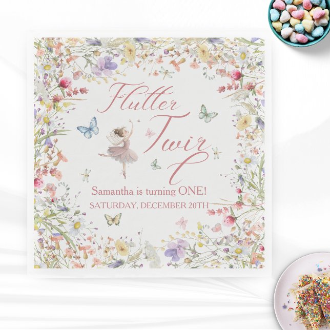 Fladdrande och Snurrande Magiska Vingar Första Föd Pappersservett (Flutter and Twirl Magical Wings First Birthday Napkins)