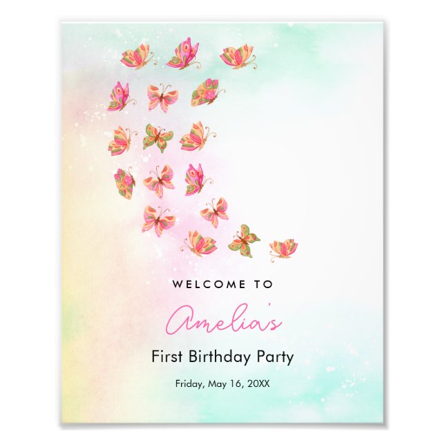 Fladdrande Rosa Fjärilsflicka 1-års Födelsedags Sk Fototryck (Framsidan)