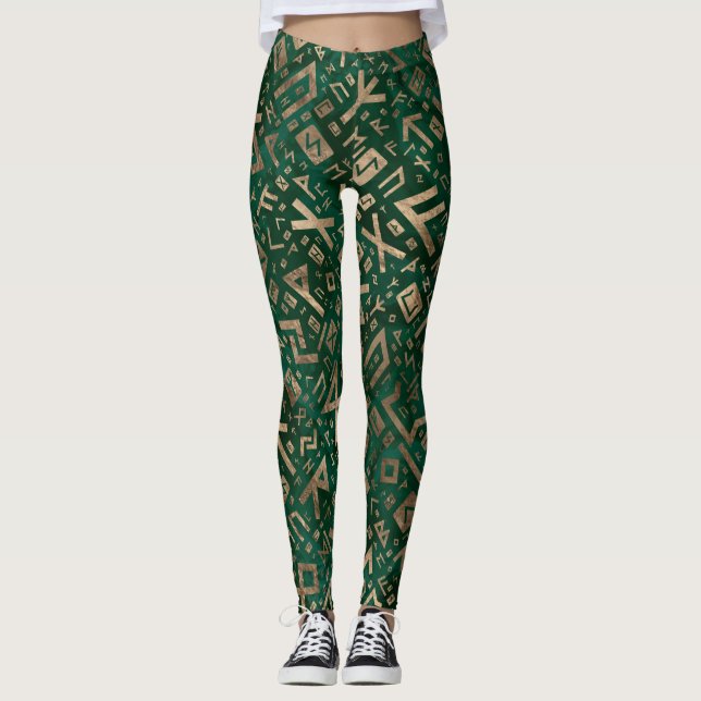 Fläderrunor - Futhark mönsterguld på Malachite #1 Leggings (Framsida)