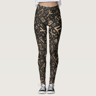 Fläderrunor - Futhark mönsterguld på svart trä Leggings