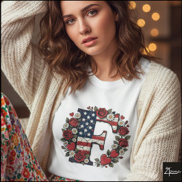 Flag Letter F Roses Wreath Monogram T Shirt
