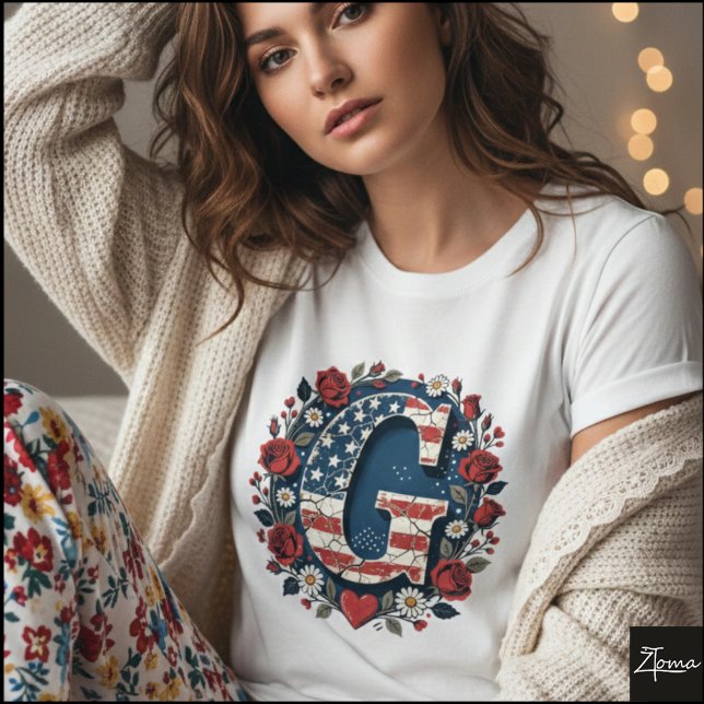 Flag Letter G Roses Wreath Monogram T Shirt (Sample design. Several style are available to choose from, with the option to add a name & color.
)