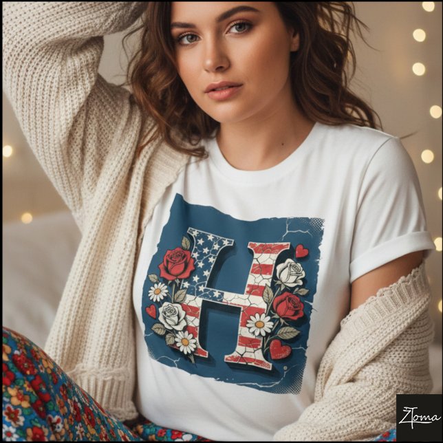 Flag Letter H Roses Hearts Monogram T Shirt (Sample design. Several style are available to choose from, with the option to add a name & color.
)