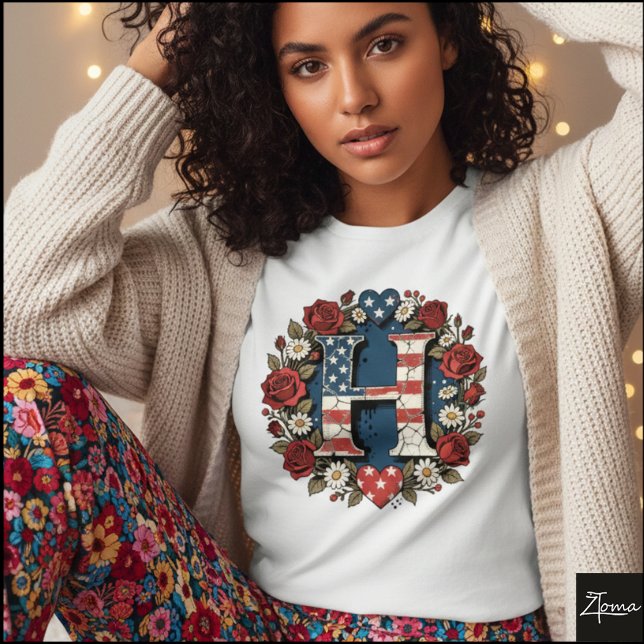 Flag Letter H Roses Wreath Monogram T Shirt (Sample design. Several style are available to choose from, with the option to add a name & color.
)