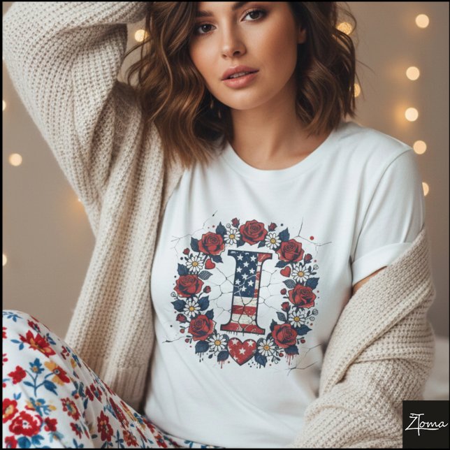 Flag Letter I Roses Heart Wreath T Shirt (Sample design. Several style are available to choose from, with the option to add a name & color.
)