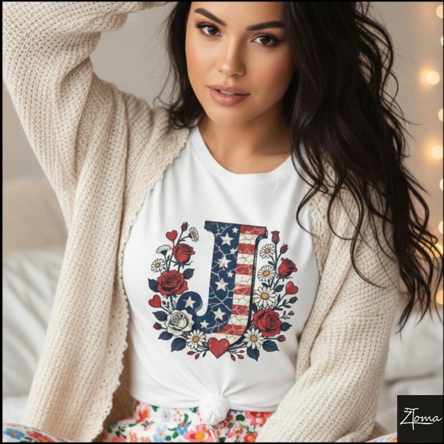 Flag Letter J Roses Wreath Monogram T Shirt (Sample design. Several style are available to choose from, with the option to add a name & color.
)