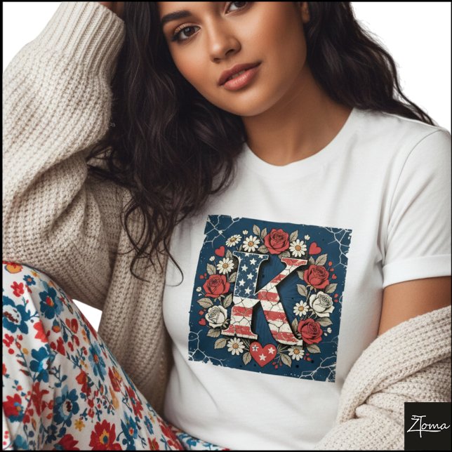 Flag Letter K Roses Heart Wreath T Shirt (Sample design. Several style are available to choose from, with the option to add a name & color.
)