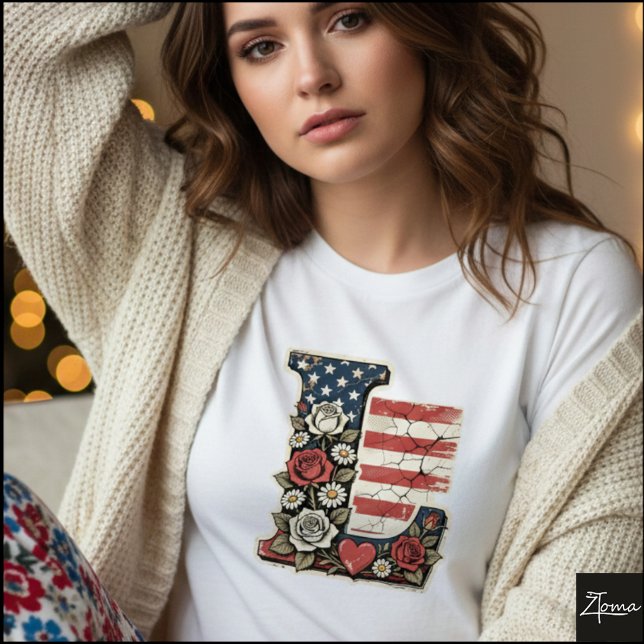 Flag Letter L Roses Heart Monogram T Shirt (Sample design. Several style are available to choose from, with the option to add a name & color.
)
