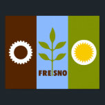 Flag of city of Fresno, California Poster<br><div class="desc">Poster with flag of Fresno,  California; flag with three vertical bands of brown,  blue and green,  with stylized illustrations of cog,  plant and sun</div>