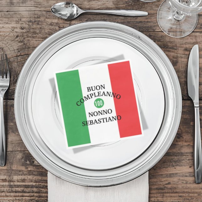 Flag of Italy Buon Compleanno or Anniversario  Pappersservett (Flag of Italy Napkin with custom wording and number for birthday and anniversary)