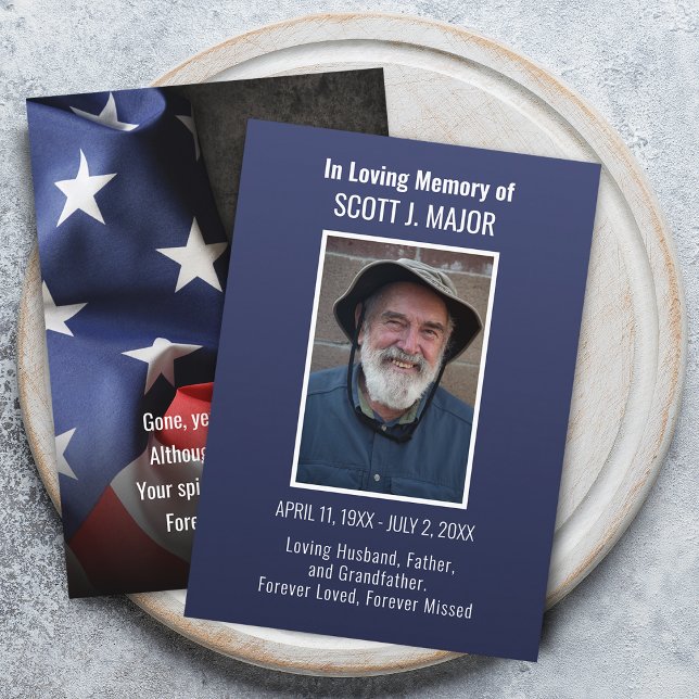 Flagg Begravning Minnesbild Foto Blå Bönkort Visitkort (Flag Funeral Memorial Photo Blue Prayer Card)
