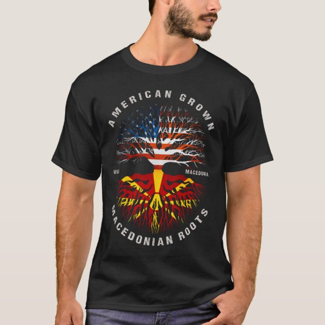 Flagga American Grown Macedonian Roots Makedonien T Shirt (Framsida)
