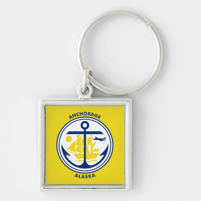 Flagga Anchorage, Alaska Keychain Fyrkantig Silverfärgad Nyckelring (Framsidan)