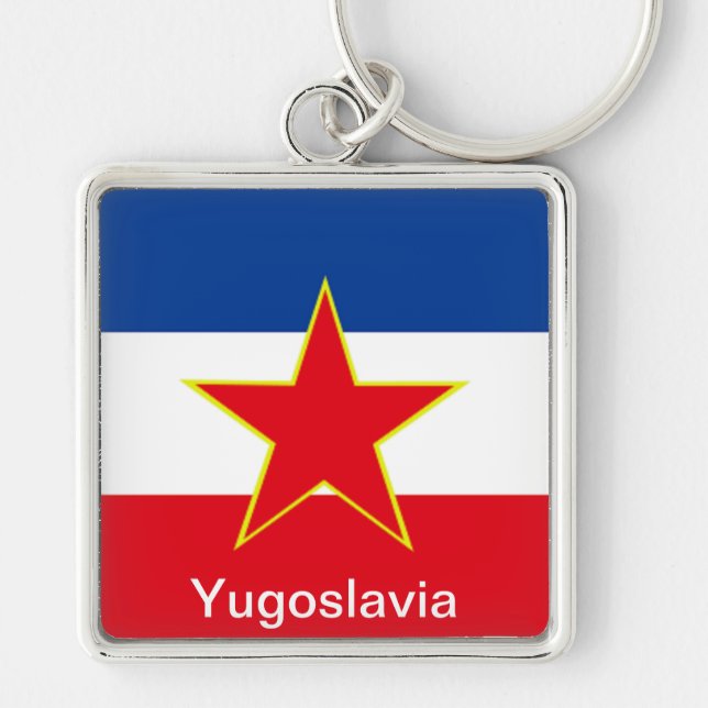 Flagga av Jugoslavien Fyrkantig Silverfärgad Nyckelring (Framsidan)