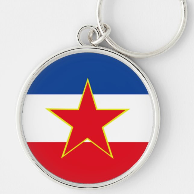 Flagga av Jugoslavien Rund Silverfärgad Nyckelring (Framsidan)