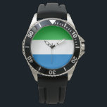 Flagga av Sierra Leone Armbandsur<br><div class="desc">Denna konstruktion omfattar den nationella flagga Sierra Leone (officiellt känd som Republiken Sierra Leone och informellt känd som Salone), som är land på Afrikans sydvästra kusten. Sierra Leone gränsar av Liberia till sydöstra delen och till nordöstra delen till Guinea. Land i Sierra Leone har ett tropiskt klimat med olika miljöer,...</div>