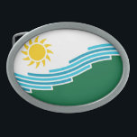 Flagga av Spokane, Washington<br><div class="desc">Bälte Buckle med en design med flagga Spokane,  Washington. En vit och grönt flagga med blå linjer som symboliserar Spokanefloden och Spokanefalls och en gult sol</div>