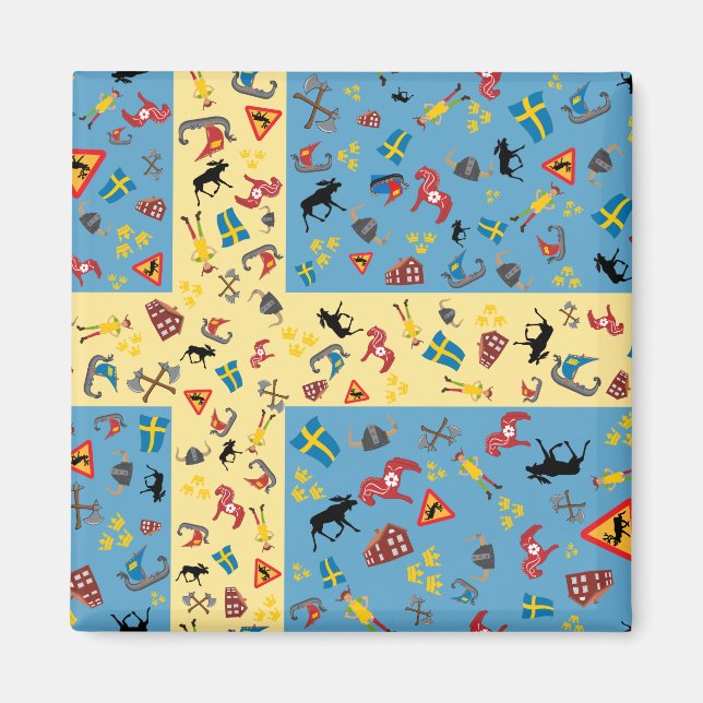 Flagga av Sverige med kulturikonmagnet Magnet (Framsidan)