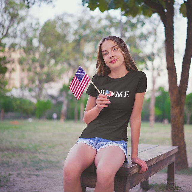 Flagga Avslappnaden 4 juli, USA, Karta T Shirt (Casual Women Home USA Map American Flag 4th July T-Shirt At A Park)