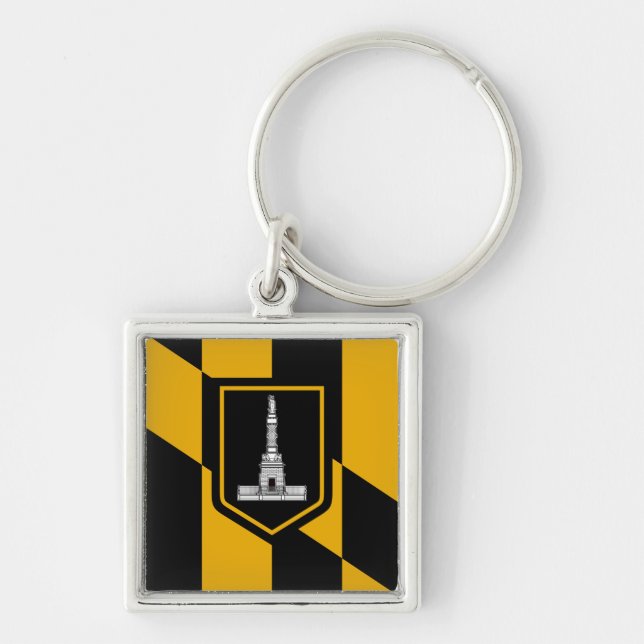 Flagga Baltimore, Maryland Keychain Fyrkantig Silverfärgad Nyckelring (Framsidan)