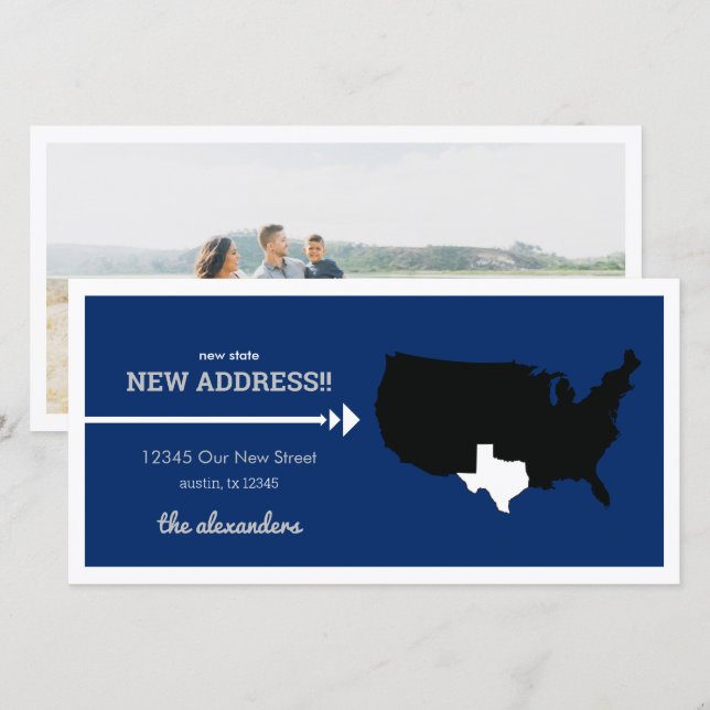 Flagga Blue New State, Ny adress! Texas Flytta (Fram/baksida)