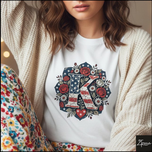 Flagga Bokstav K Rosor Mandala Monogram T Shirt (Sample design. Several style are available to choose from, with the option to add a name & color.
)