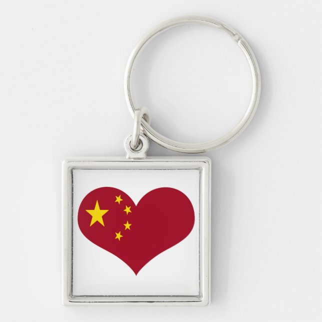 Flagga China Fyrkantig Silverfärgad Nyckelring (Framsidan)