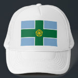Flagga Derbyshire Hat Keps<br><div class="desc">Hat med utformning i ett flagga av det historiska grevskapet Derbyshire i England, Underbar Storbritannien; blå flagga med grönt kor och guld Tudor ro i mitten</div>
