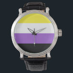 Flagga för icke-binärt Pride Armbandsur<br><div class="desc">Icke-binära personer kan identifieras som personer med två eller flera gender, utan gender, flytta mellan gender eller med fluktuerande gender identitet, eller som är tredje gender eller annan gendergrupp, en kategori som omfattar dem som inte har ställe a namn till sin gender. Varje rand står för olika typer av icke-binära...</div>