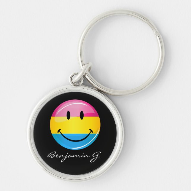Flagga för leende Pansexual Pride Rund Silverfärgad Nyckelring (Framsidan)