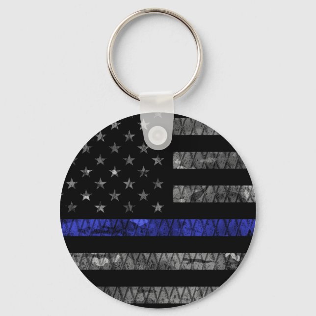 Flagga för polistrådar i blå linje nyckelring (Framsida)