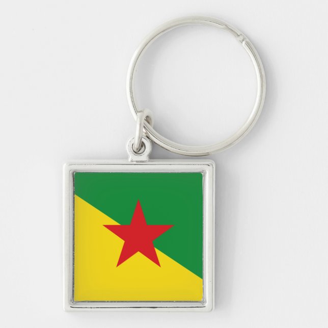 Flagga Fransk Guyana Fyrkantig Silverfärgad Nyckelring (Framsidan)