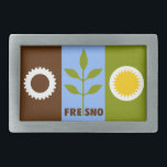 Flagga Fresno, California Bälte Buckle<br><div class="desc">Bälte Buckle med flagga Fresno i Kalifornien; flagga med tre lodräna bruna,  blå och grönt,  med stiliserade illustrationer av kokkong,  växt och sol</div>