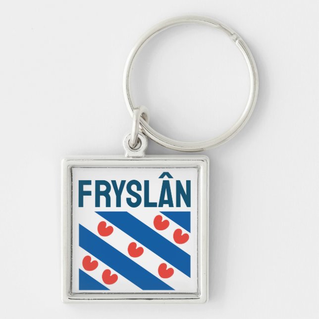Flagga Friesland Fyrkantig Silverfärgad Nyckelring (Framsidan)