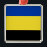 Flagga Gelderland Julgransprydnad Metall<br><div class="desc">Flagga Gelderland,  en provins i Nederländerna. Flagga är en vågrät tricolor av blue,  gult och black. Färg härstammar från arm Gelderlands jacka,  som i sin tur baserades på armens jacka.</div>