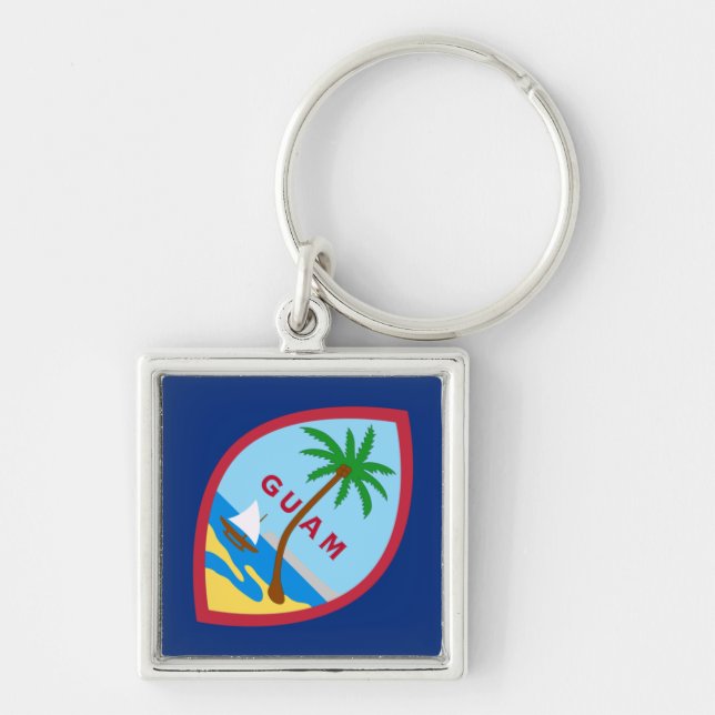 Flagga Guam Fyrkantig Silverfärgad Nyckelring (Framsidan)