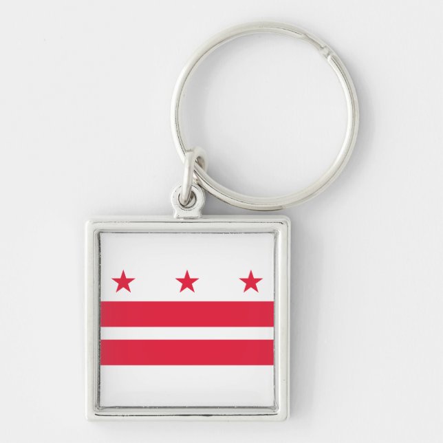 Flagga i Columbia-distriktet (USA) Fyrkantig Silverfärgad Nyckelring (Framsidan)